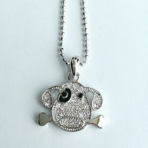 Dog With Bone Pendant Necklace Silver Tone Swarovski Crystals